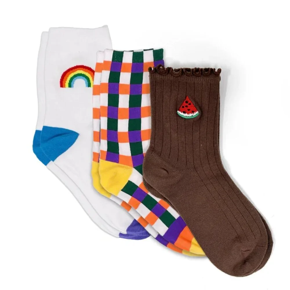 NWT Summer Picnic Brown Watermelon Embroidered Ruffle Socks